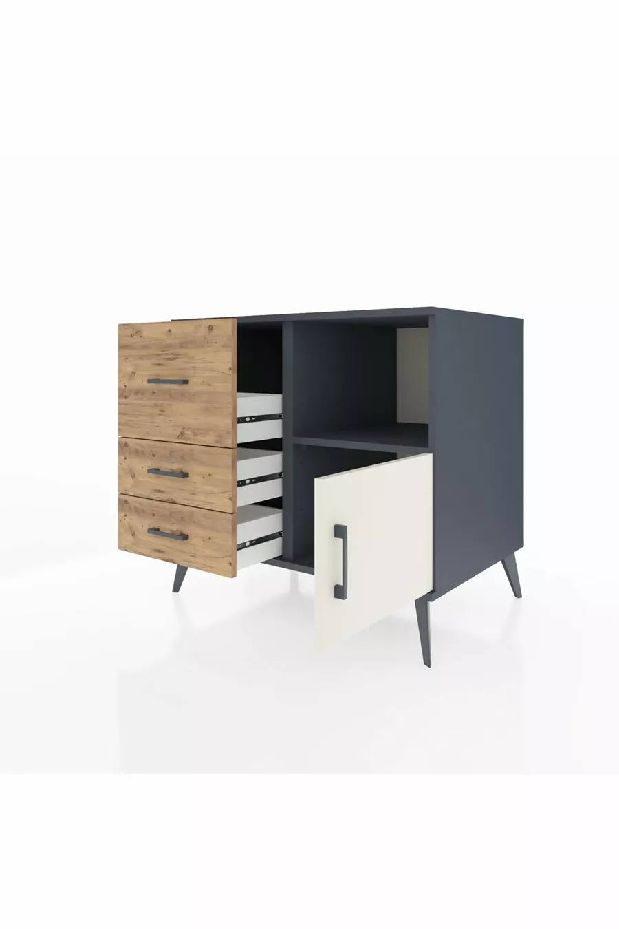 Commode Kronos à une étagère, 3 tiroirs et une porte, Anthracite-Pierre de lune/Pin