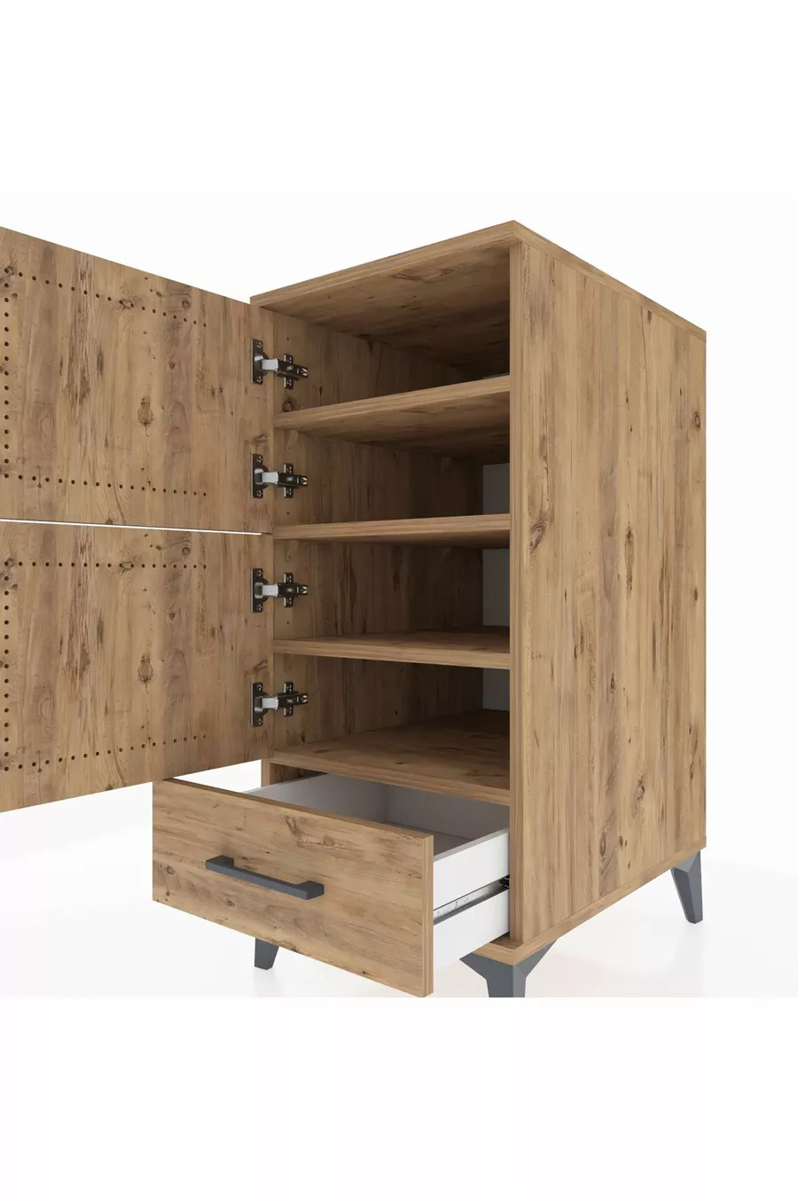Table de chevet Kronos avec 4 étagères, 1 tiroir et 1 porte, en pin-pins