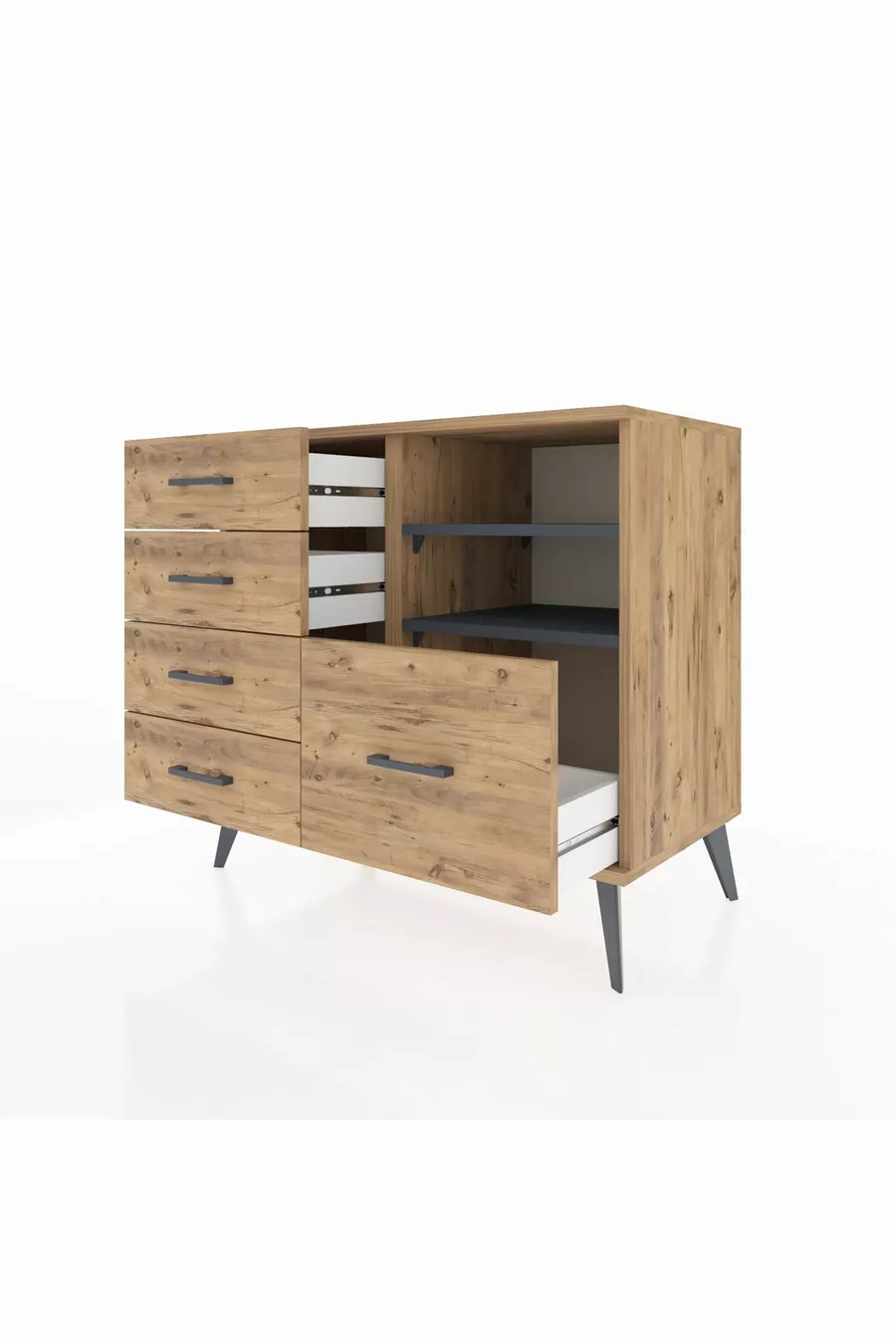 Commode Hyperion 2 étagères 5 tiroirs Pin-Anthracite/Pin