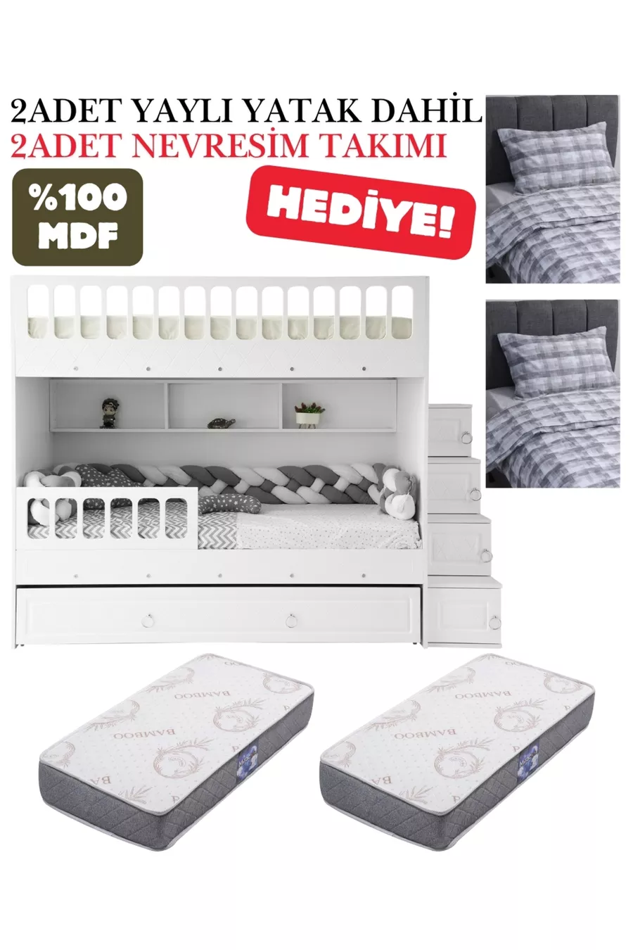 Zümrüt Lit à Étage / MDF à 100 % / 2 Matelas à Ressorts en Bambou / 2 Ensembles de Literie Offerts