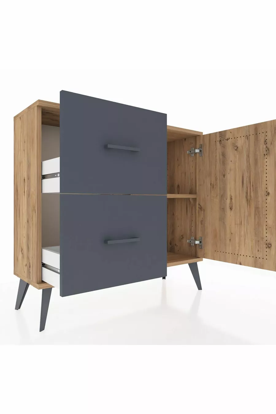 Commode Arges avec une seule étagère, 2 tiroirs et une porte, Pin-Pin/Anthracite