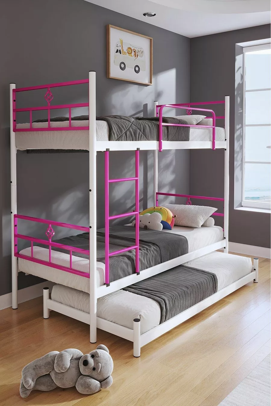 Lit superposé Koza avec tiroir, compatible pour 3 personnes, en métal rose foncé
