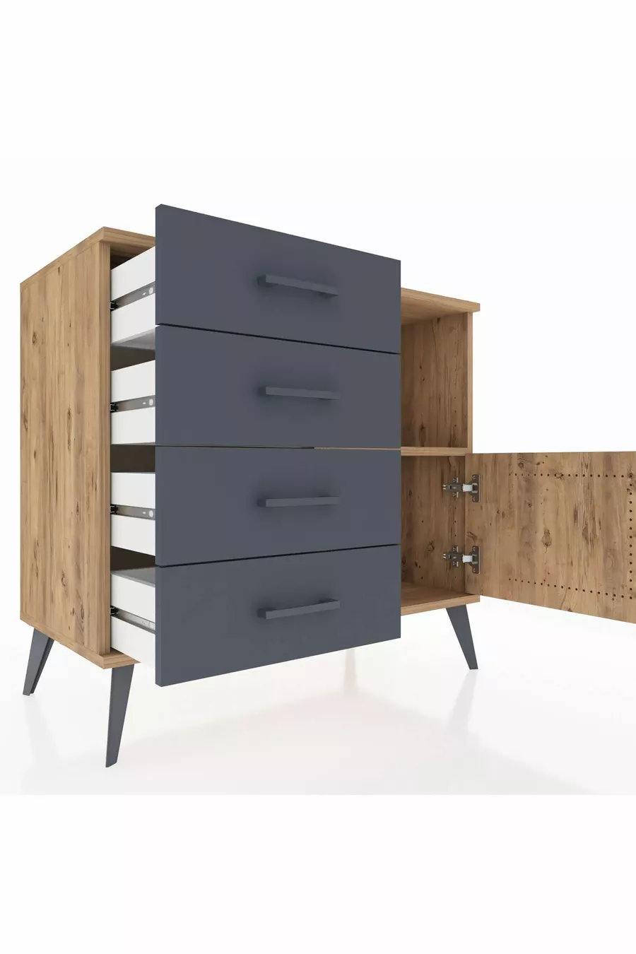 Commode Hyperion avec une seule étagère, 4 tiroirs et une porte, Pin-Pin/Anthracite