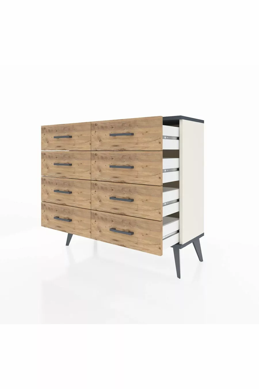 Commode Arges 8 tiroirs Pierre d'Agate-Anthracite/Pin
