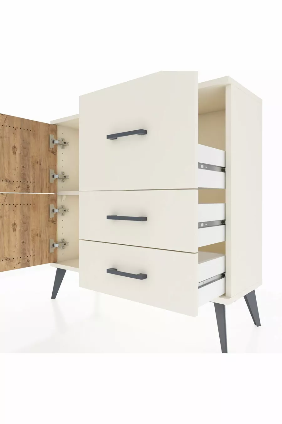 Commode Arges à une étagère, 3 tiroirs et 2 portes, Pierre de lune-Pin/Pierre de lune