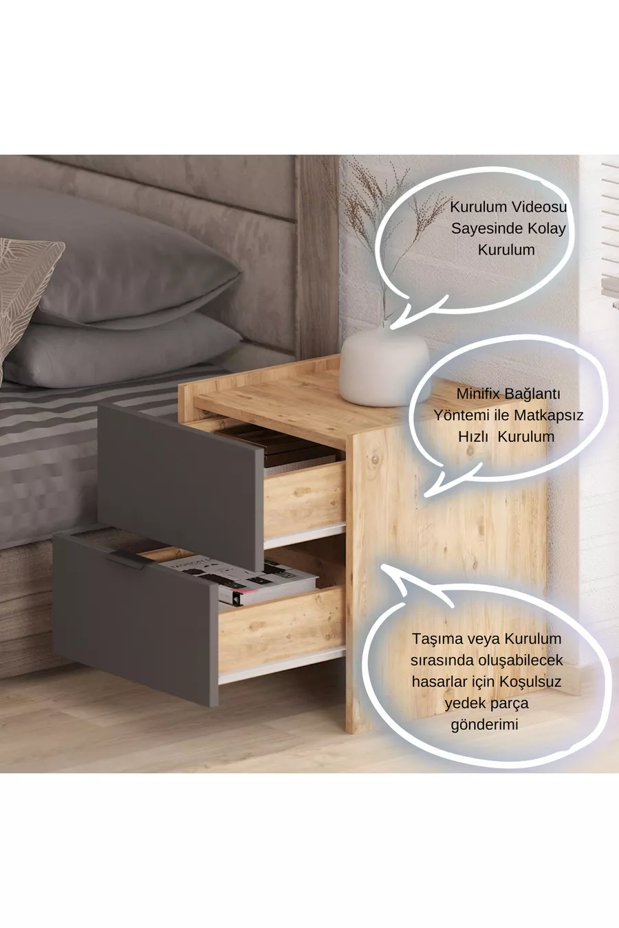 Table de chevet Sadem 2 tiroirs Pin Atlantique/Anthracite avec grand espace de rangement Design moderne (, cm)