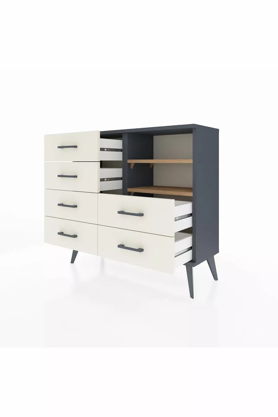 Commode Arges 2 étagères 6 tiroirs Anthracite-Pin/Pierre de Lune