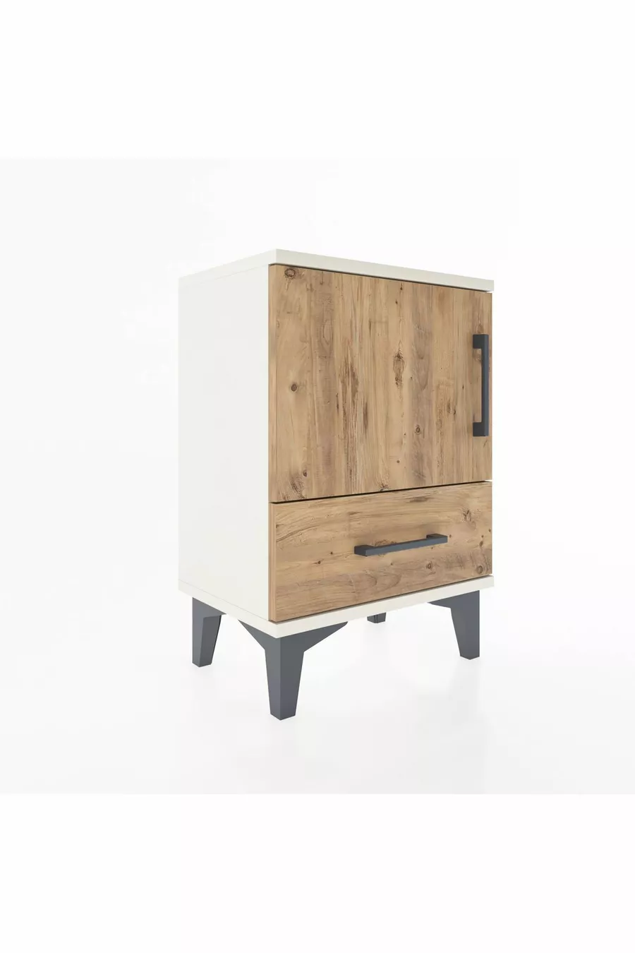 Table de chevet Arges à 2 étagères et 1 porte, en Pierre de lune et pin