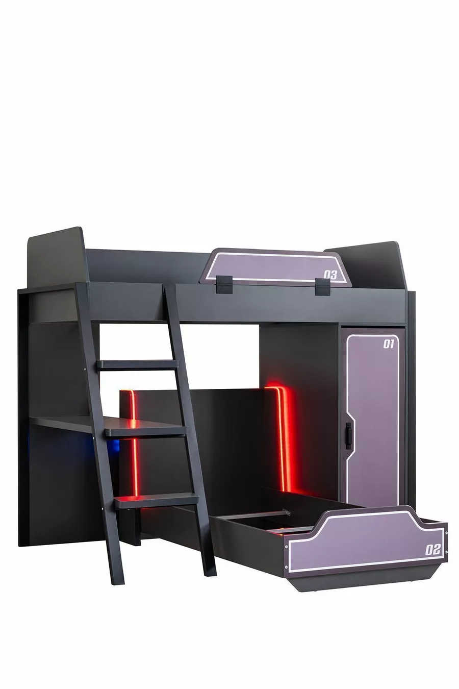 Chambre de joueur avec lit superposé, lits mezzanine Gamer avec LED, bureau et armoire