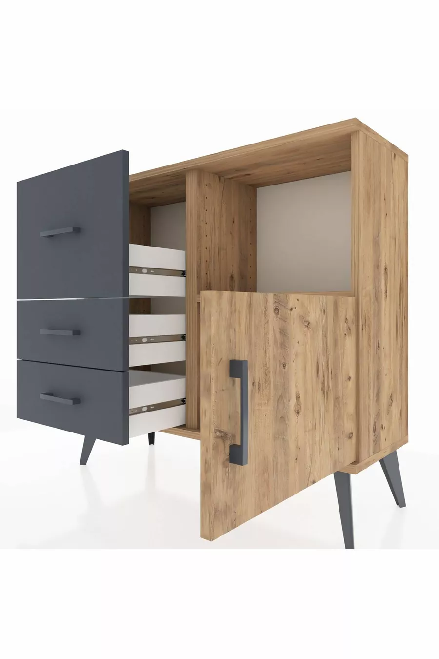 Commode Arges avec une seule étagère, 3 tiroirs et une porte, Pin-Pin/Anthracite