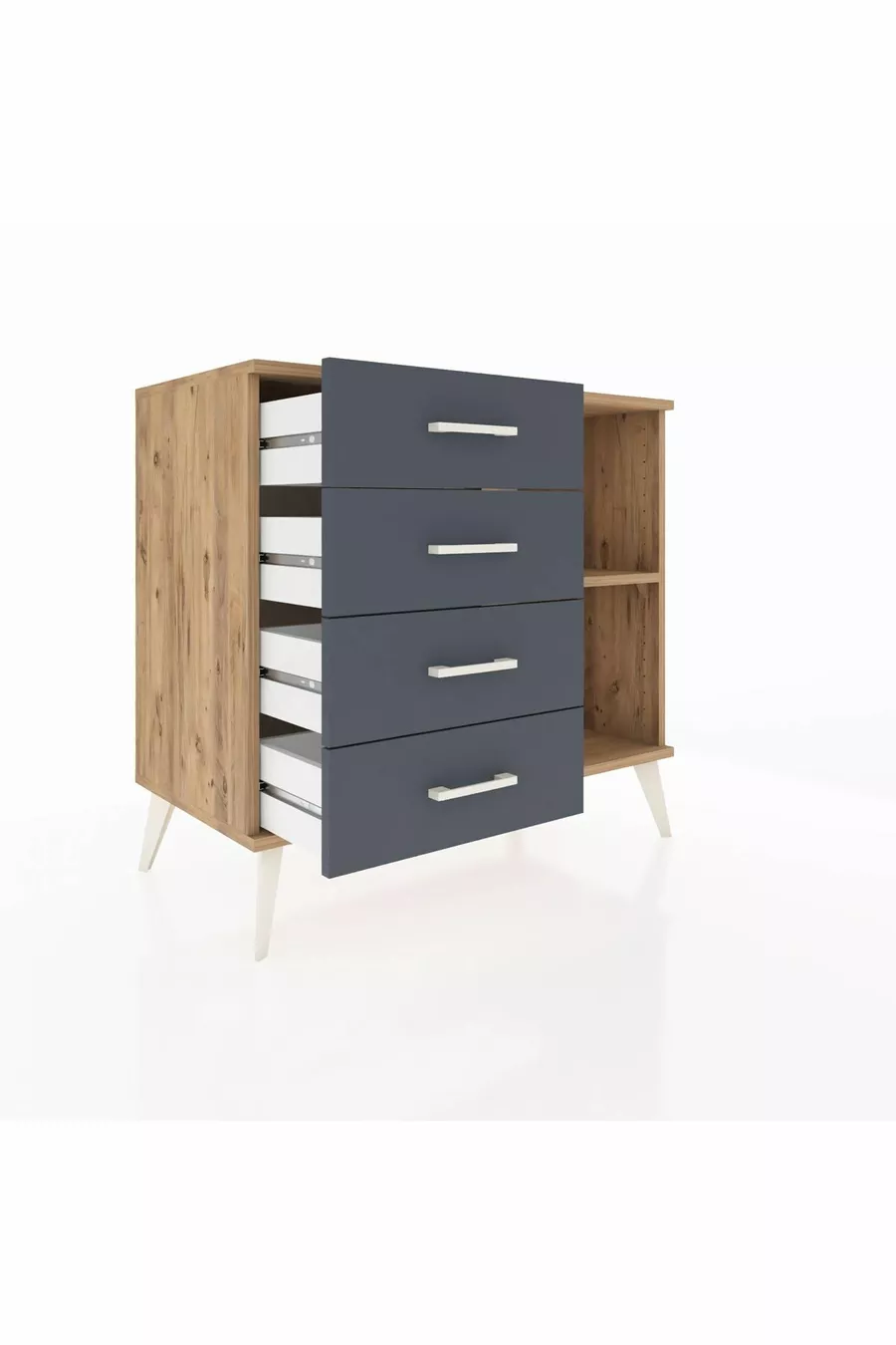 Commode Hyperion à une étagère, 4 tiroirs, Pin-Pin/Anthracite
