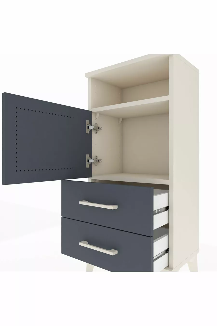 Chevet Arges avec 2 étagères, 2 tiroirs et 1 porte, coloris Pierre de Lune-Anthracite