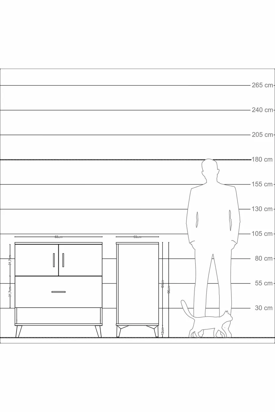 Commode Kronos avec 2 étagères, 1 tiroir et 2 portes, Pierre de Lune-Pier de Lune