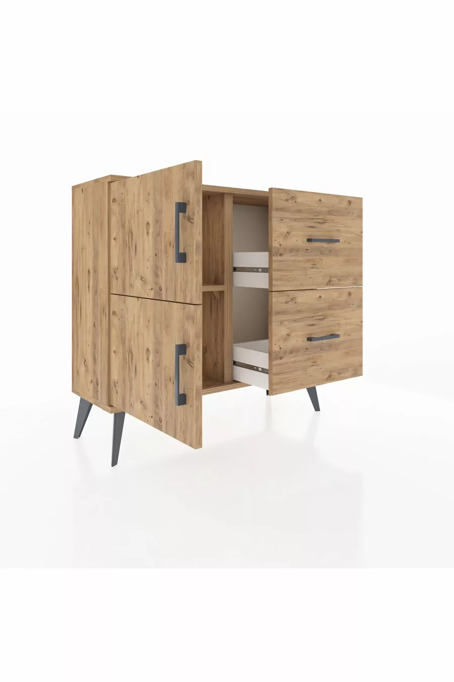 Commode Arges avec une étagère, 2 tiroirs et 2 portes, pin-pin