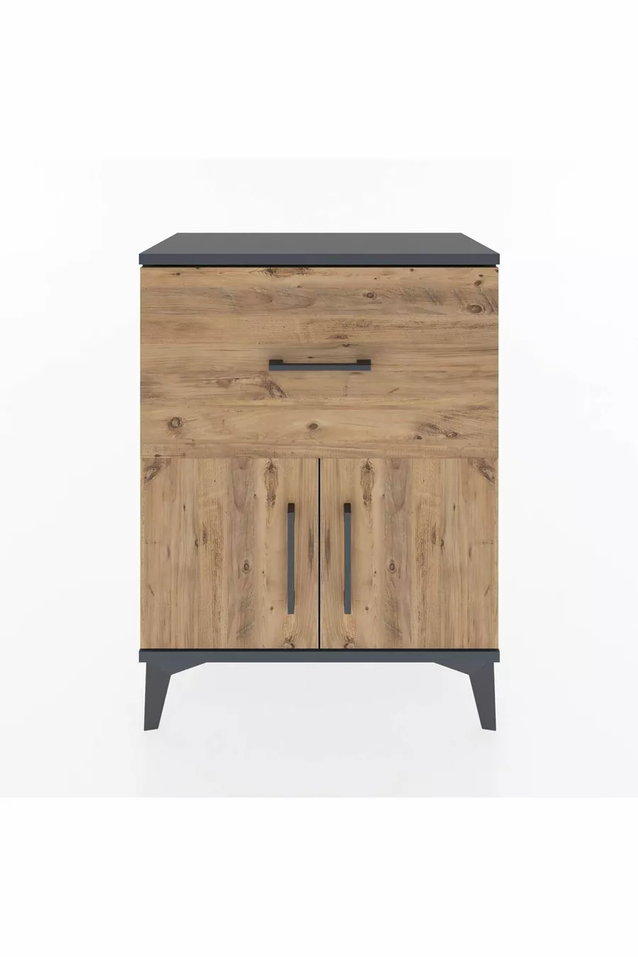 Table de chevet Arges avec une étagère, un tiroir et deux portes, Anthracite-Épicéa