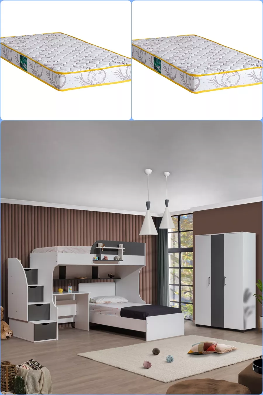 Lits superposés, lits superposés Aura avec lit, armoire à 3 portes + 2 matelas Comfort