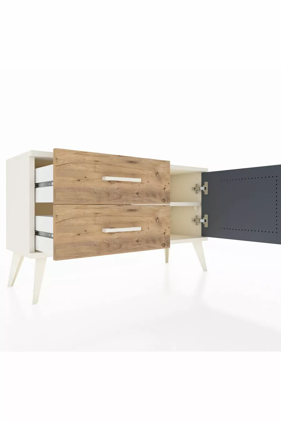 Commode Arges avec une seule étagère, 2 tiroirs et une porte, couleur Pierre de lune-Anthracite/Pins