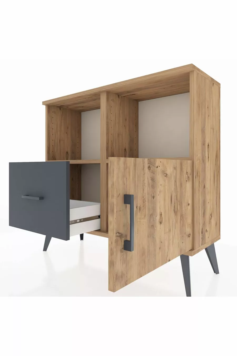 Commode Arges avec 2 étagères, 1 tiroir et 1 porte, Pin-Pin/Anthracite