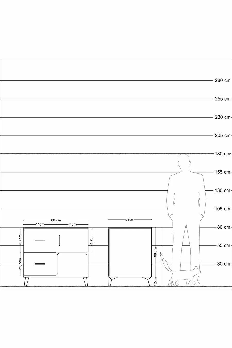 Commode Kronos à une étagère, 2 tiroirs et une porte, Anthracite-Anthracite