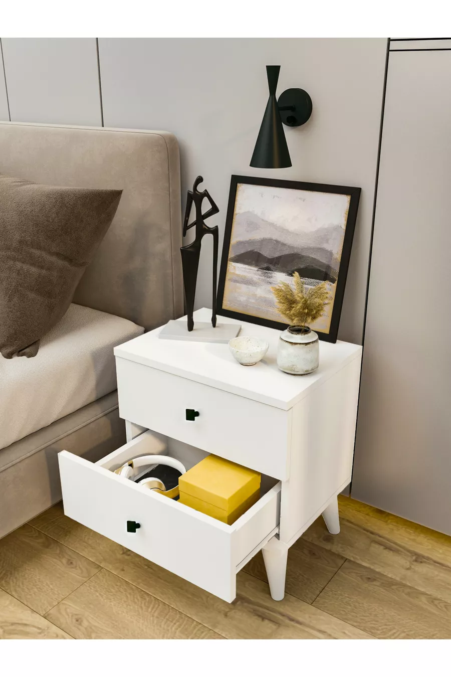 Table de chevet blanc brillant à 2 tiroirs pour chambre à coucher