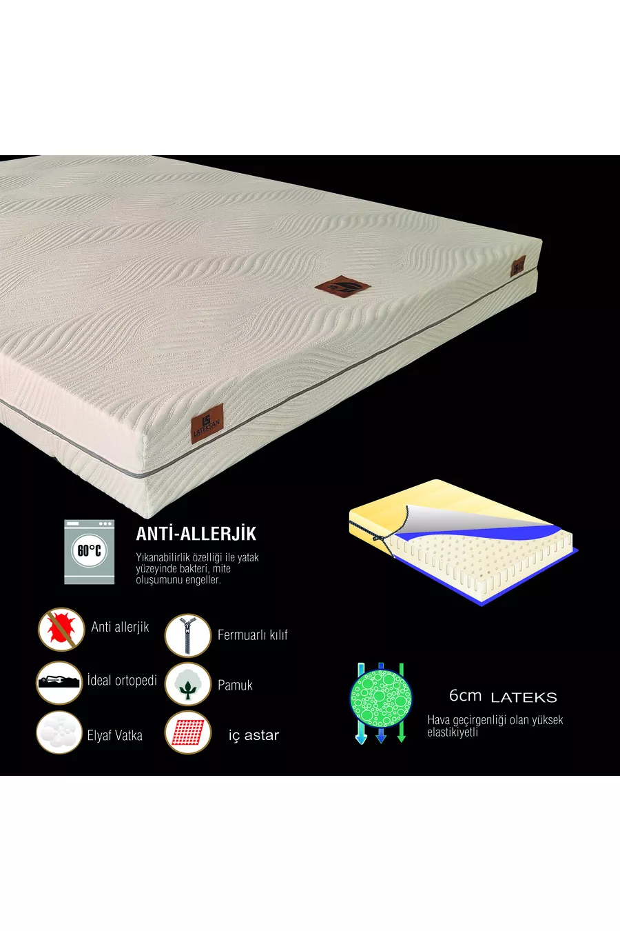 Matelas en latex naturel entièrement orthopédique avec housse lavable