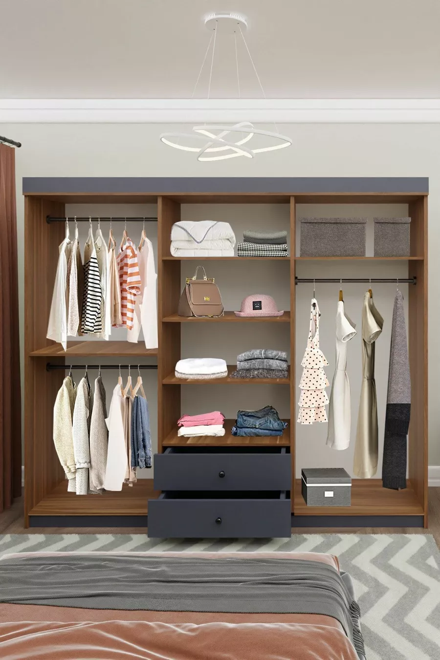 GM  ARMİNA Armoire 6 portes 2 tiroirs avec miroir, couleur noyer anthracite gris, poignées boutons