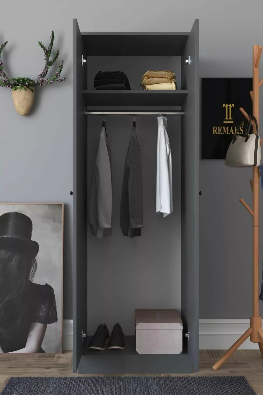 Armoire à vêtements Fuga 2 portes - Corps anthracite, portes anthracite