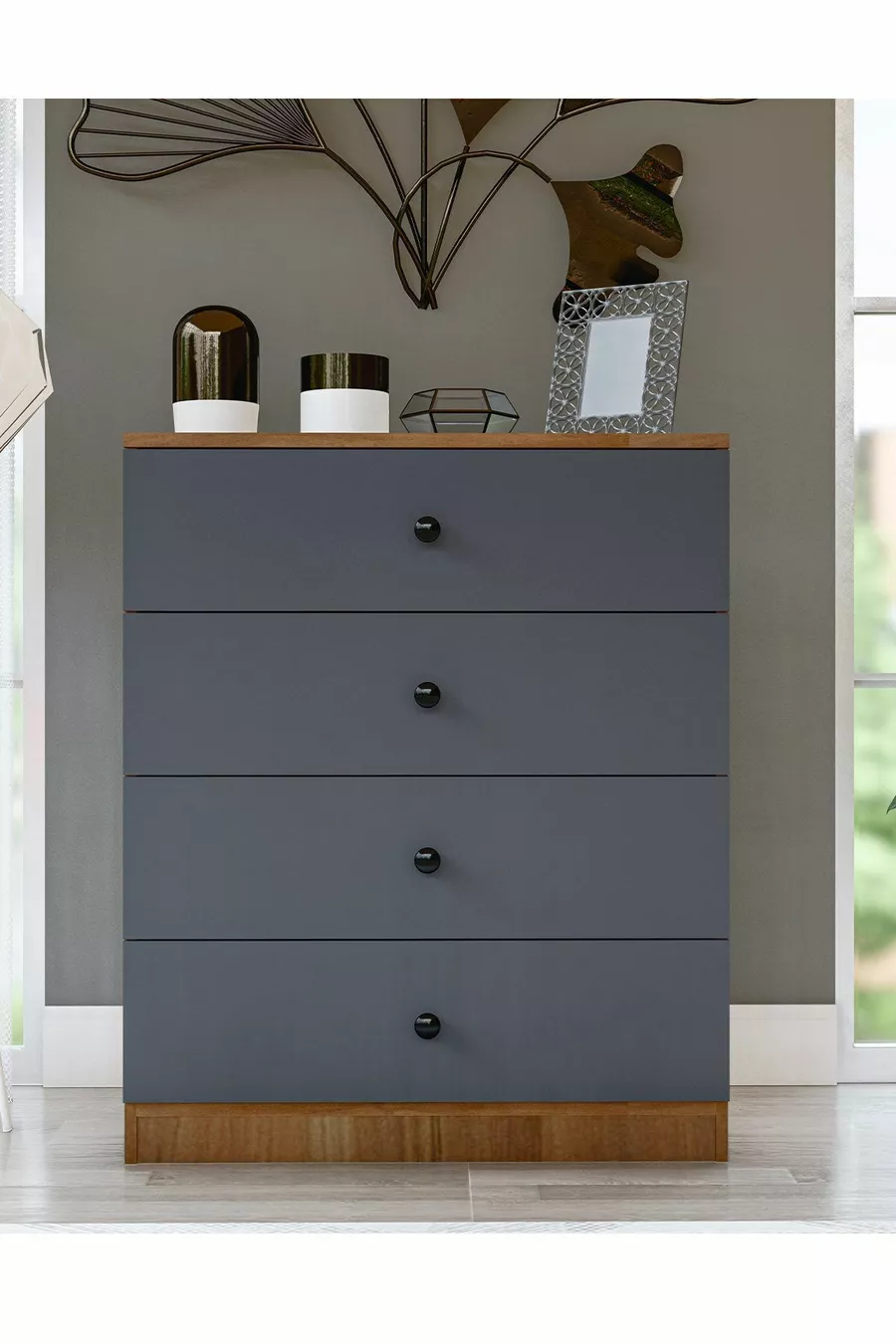Commode GM Almina 4 tiroirs avec poignées boutons en gris anthracite-noisette