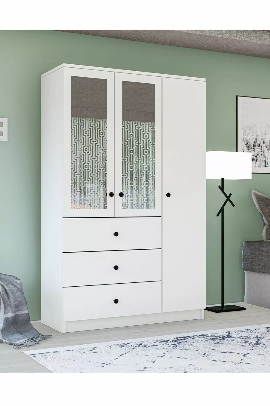 Gm  Ece Lüx Armoire 3 Portes 3 Tiroirs avec Miroir et Poignées Bouton