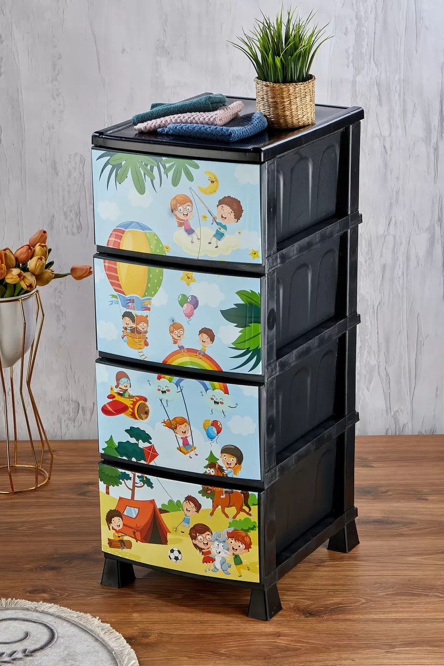 Chevet en plastique à 4 tiroirs avec motif enfant imprimé - pour jouets - panier à jouets