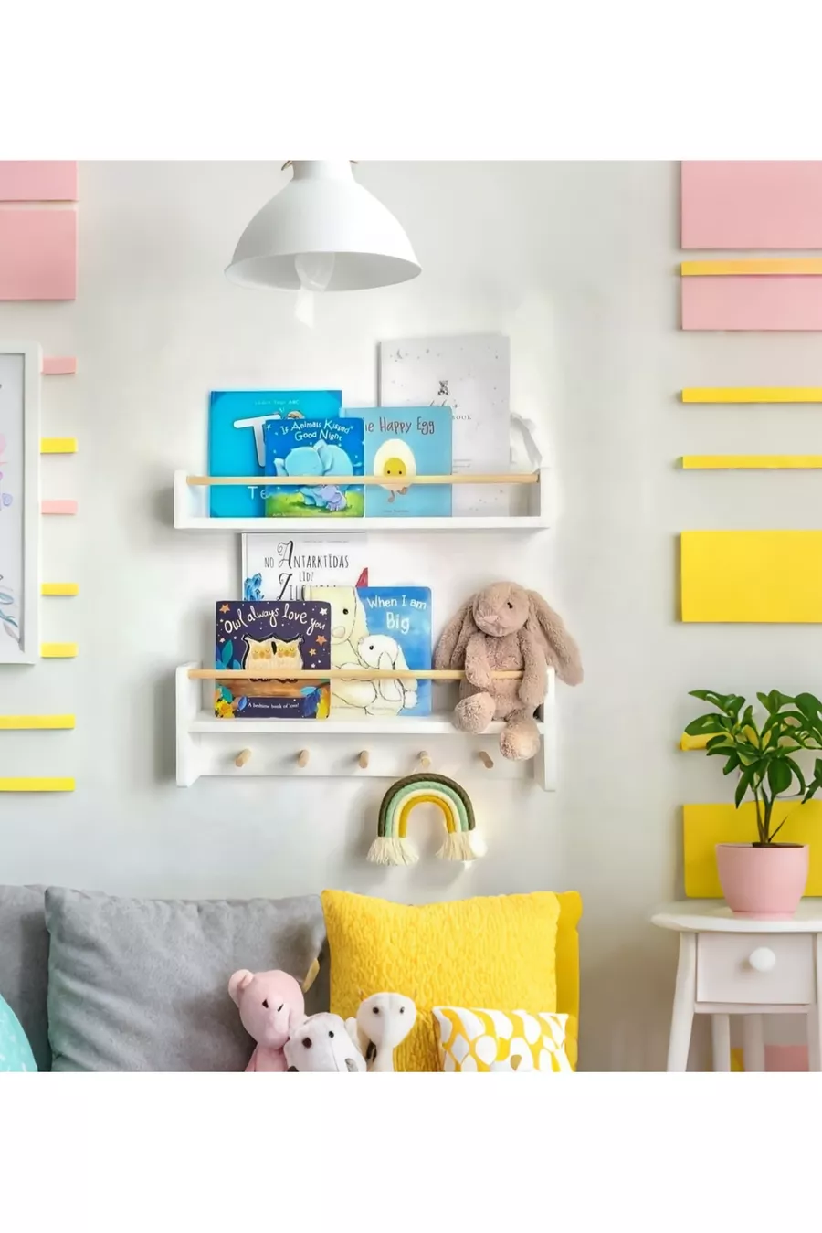 Bibliothèque murale Montessori à 2 étagères avec crochets, MDF blanc