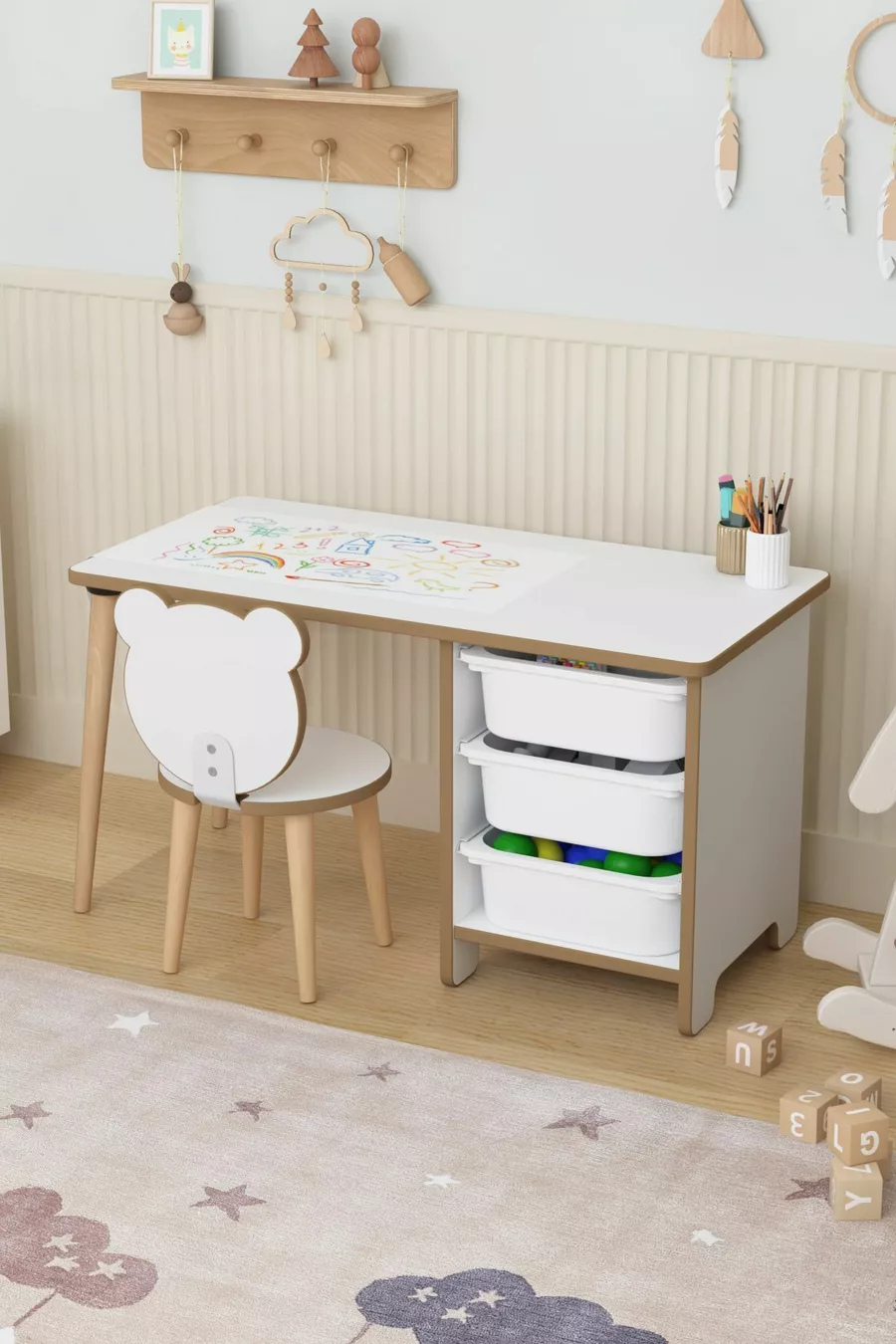 Table d'activité avec rouleau de papier à dessin, bureau pour enfants, armoire à jouets