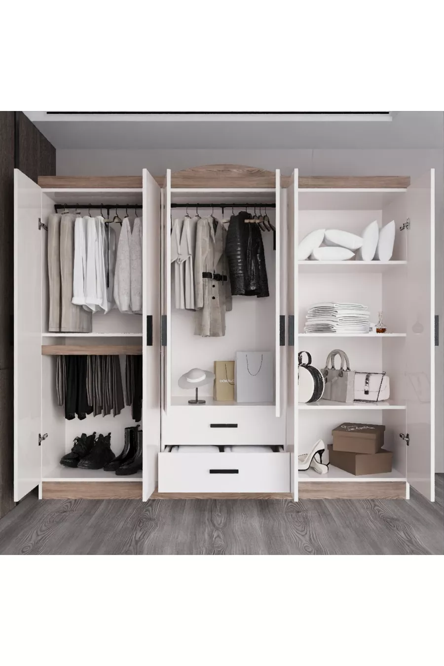 Armoire Bianca à 6 portes et 2 tiroirs, grande armoire & penderie, pin Atlantique & blanc
