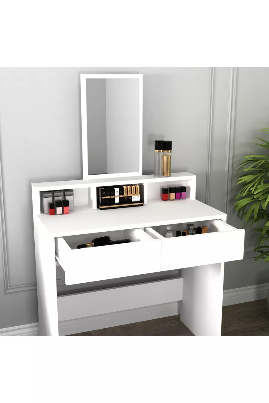 Coiffeuse moderne Luna avec miroir et tiroirs, blanche - Luna