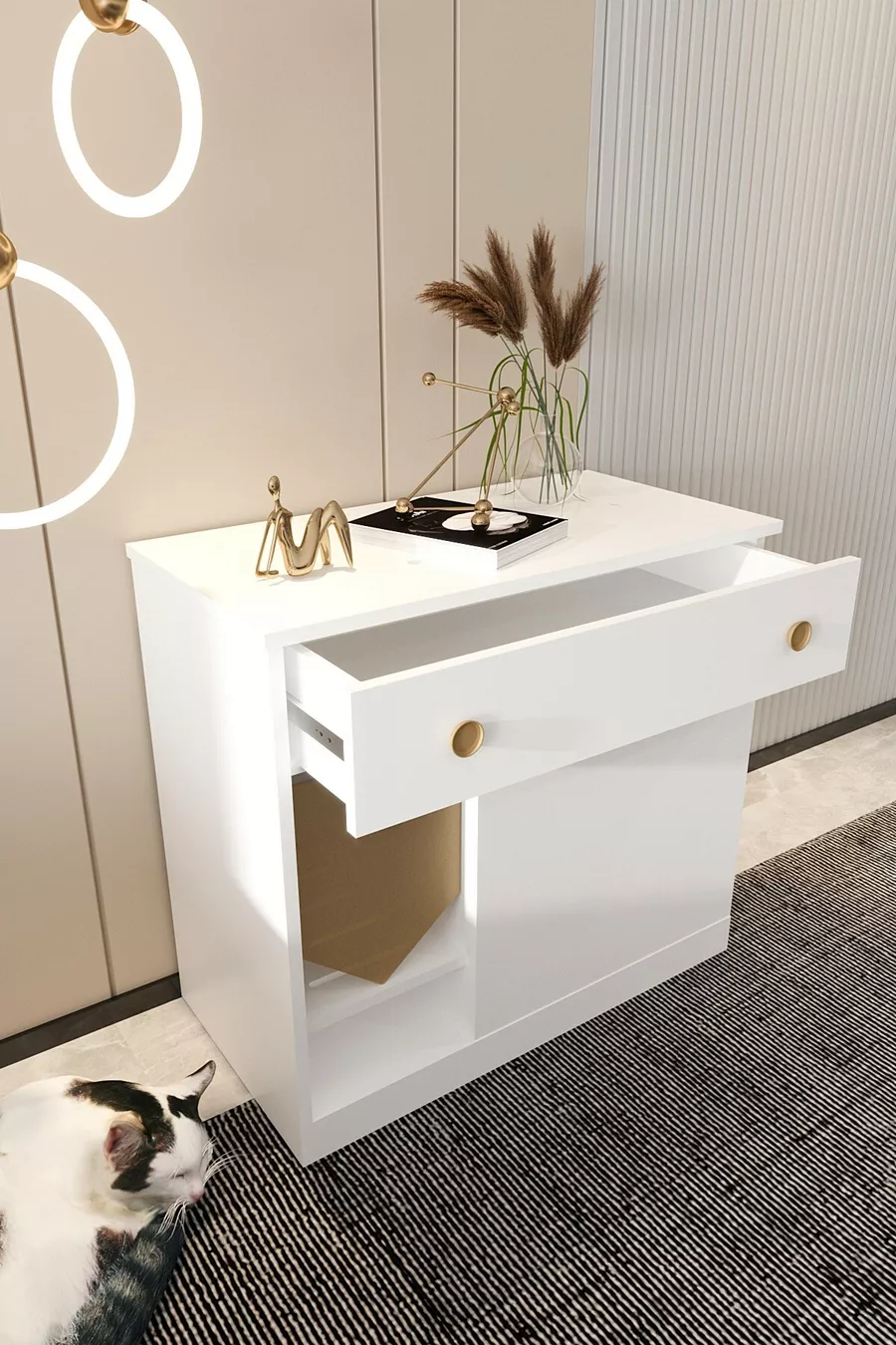 Litière pour chat en bois MONA avec tiroir - couvercle verrouillable - tissu d'entrée inclus - bac à litière non inclus - BLANC