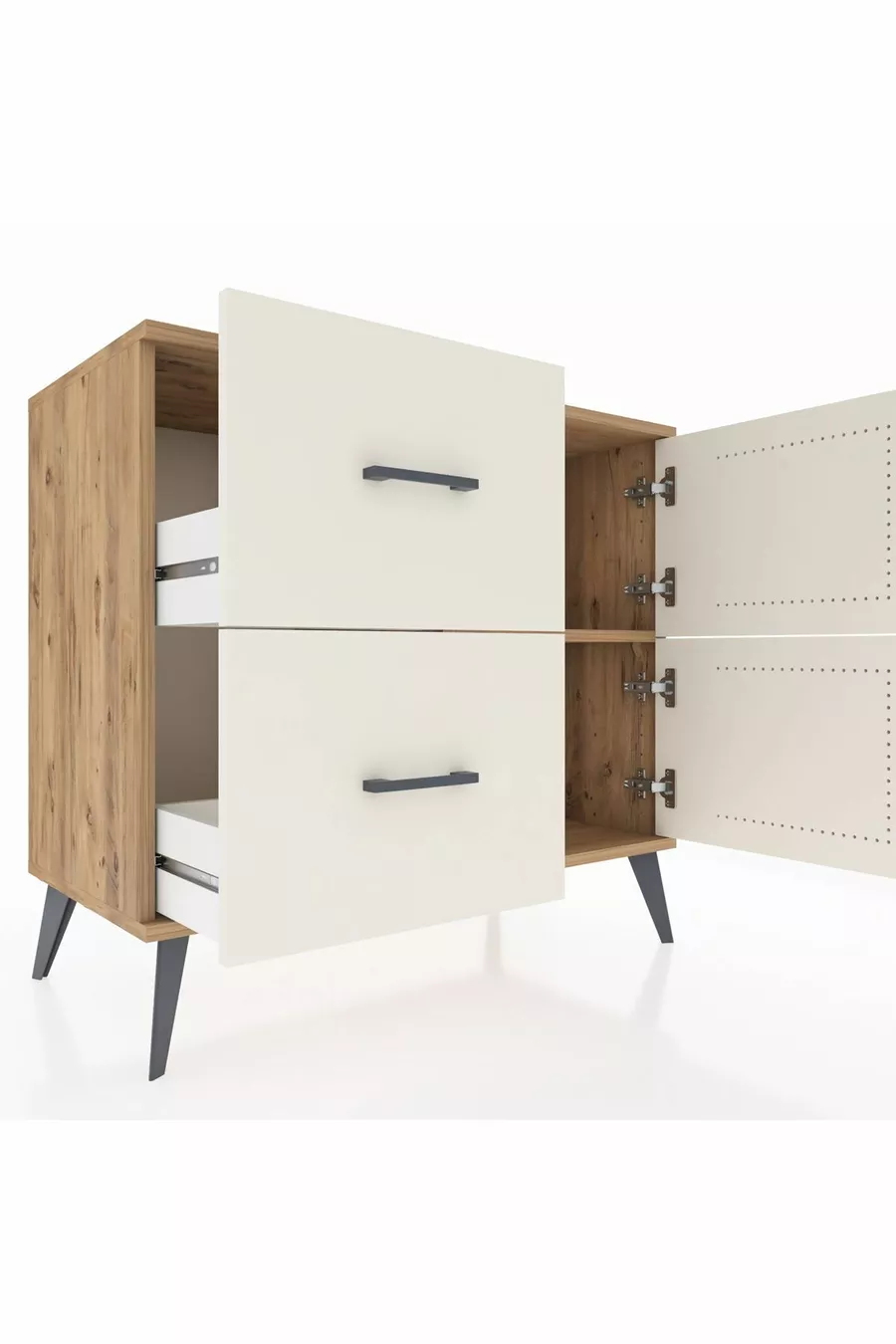 Commode Hyperion à une étagère, 2 tiroirs et 2 portes, pin-jaspe