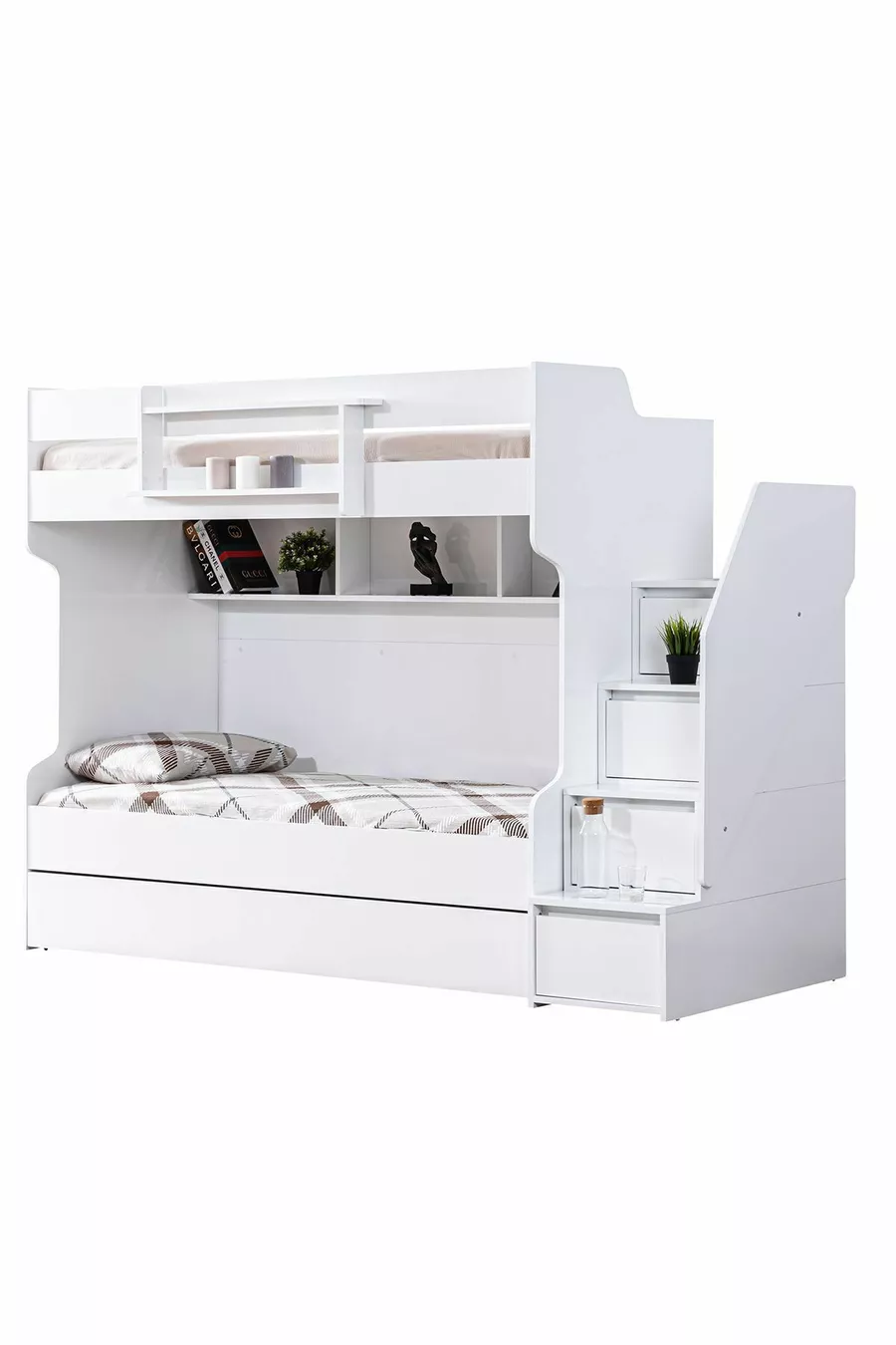 Lits superposés Ranza, courageux avec petit lit - Blanc, 3 matelas confort