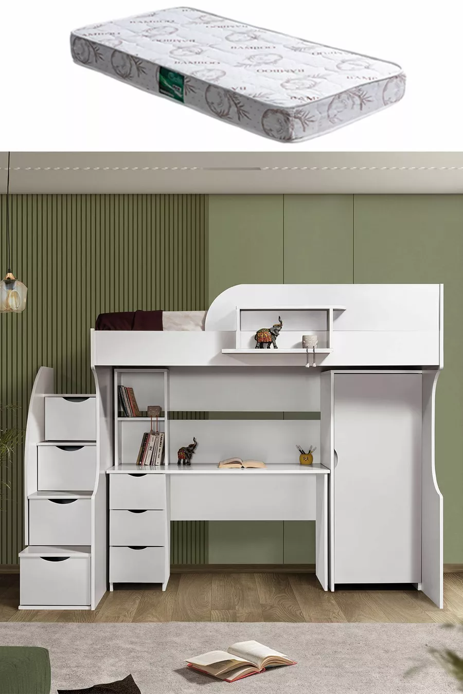 Lits superposés, Litera avec Armoire et Bureau, Blanc 1 Matelas Comfort
