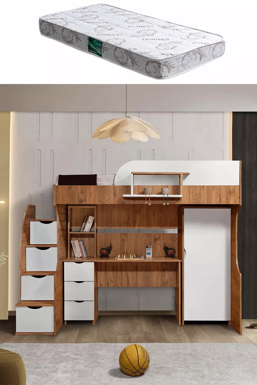 Lits superposés, Litera avec armoire et bureau, Noyer foncé-blanc, 1 matelas Comfort