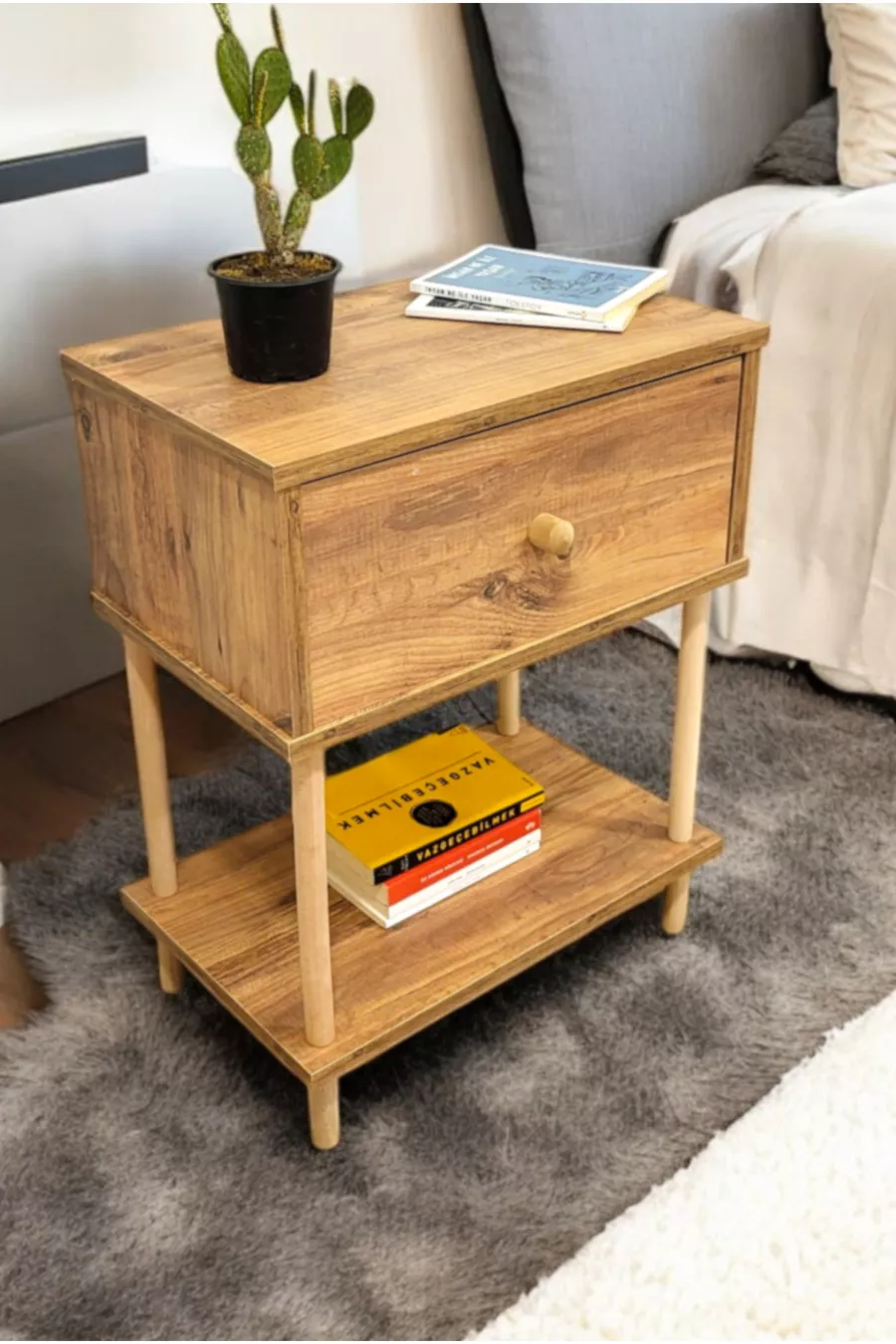 Table de chevet moderne avec étagère et couvercle rabattable, organiseur de chambre à coucher, table d'appoint avec pieds en bois