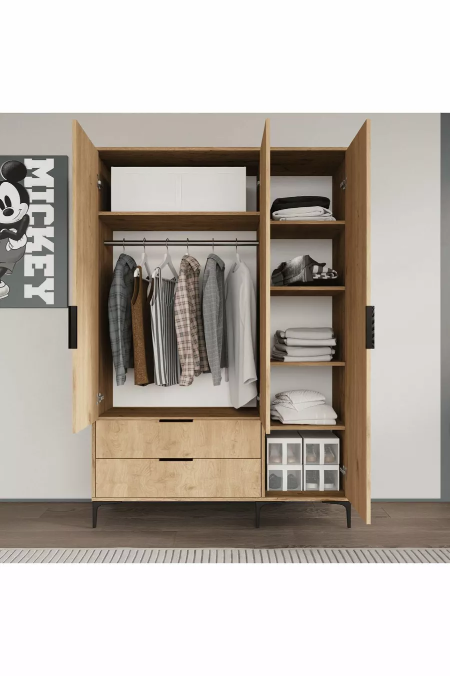 Armoire Aden à 3 portes avec tiroirs et paniers complets, penderie, armoire avec étagères