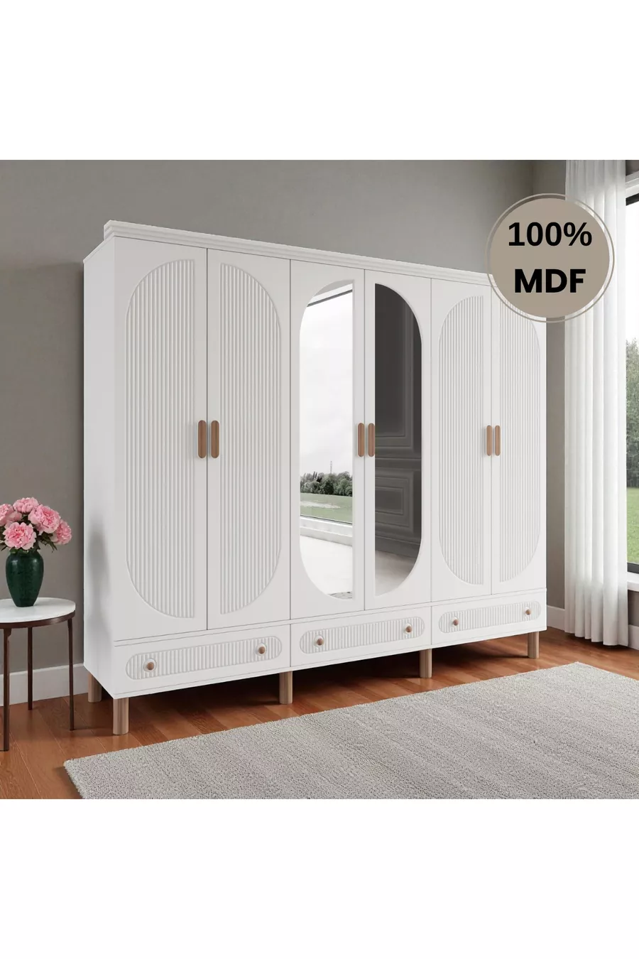 Armoire en MDF Comiet Sally avec miroir, 6 portes et tiroirs