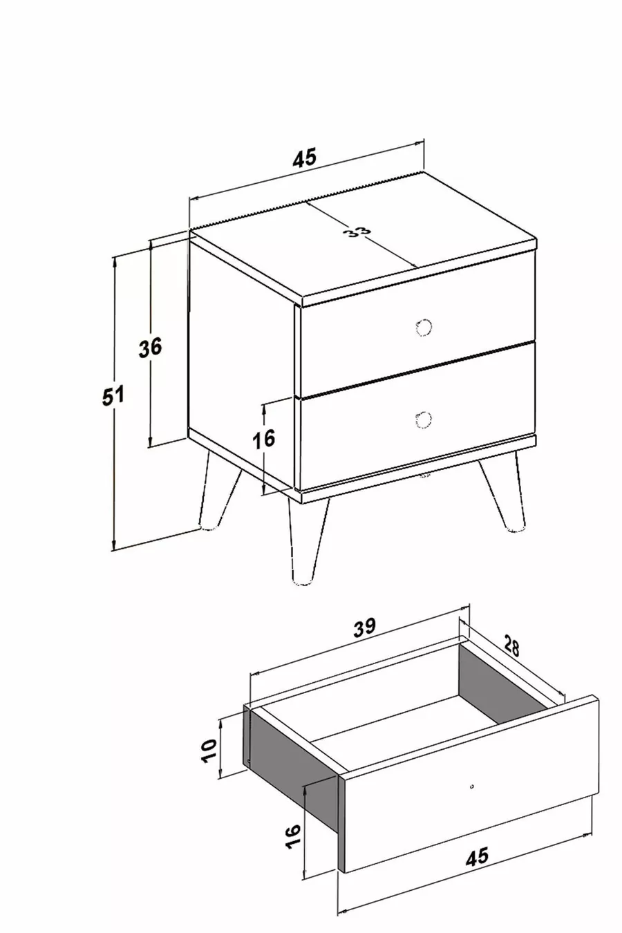 Table de chevet Cordoba en bois avec tiroirs blanc brillant et marron pour chambre à coucher