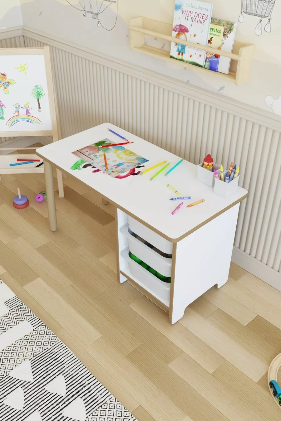 Table pour enfants Cm avec 3 paniers, table de travail pour enfants, table d'activités effaçable