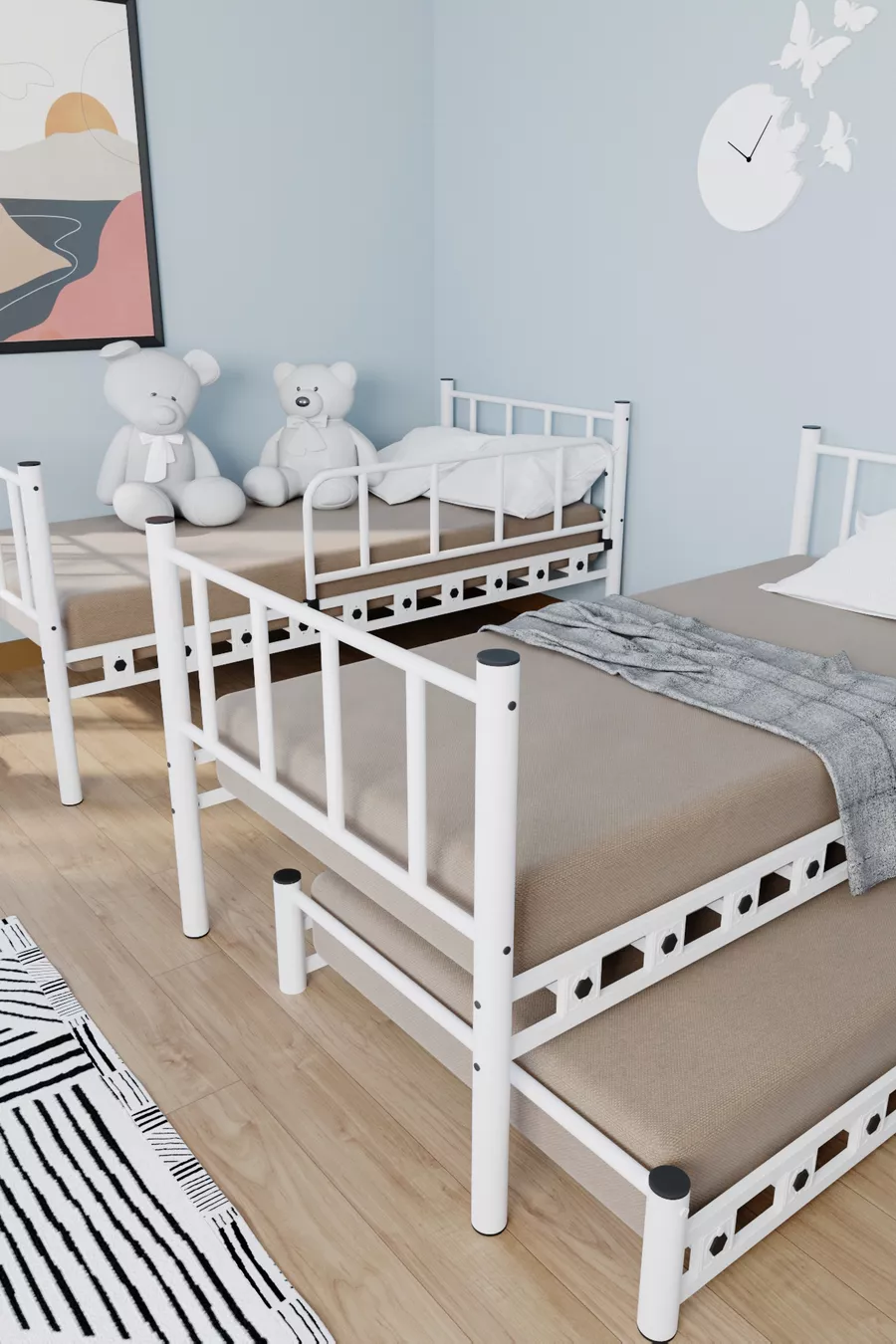 Chambre d'enfant jeune avec lit superposé et lits en métal Zambak