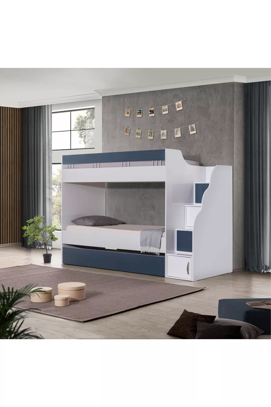 LIT SUPERPOSÉ, LIT SUPERPOSÉ BLANC ET BLEU AVEC PETIT MOTIF