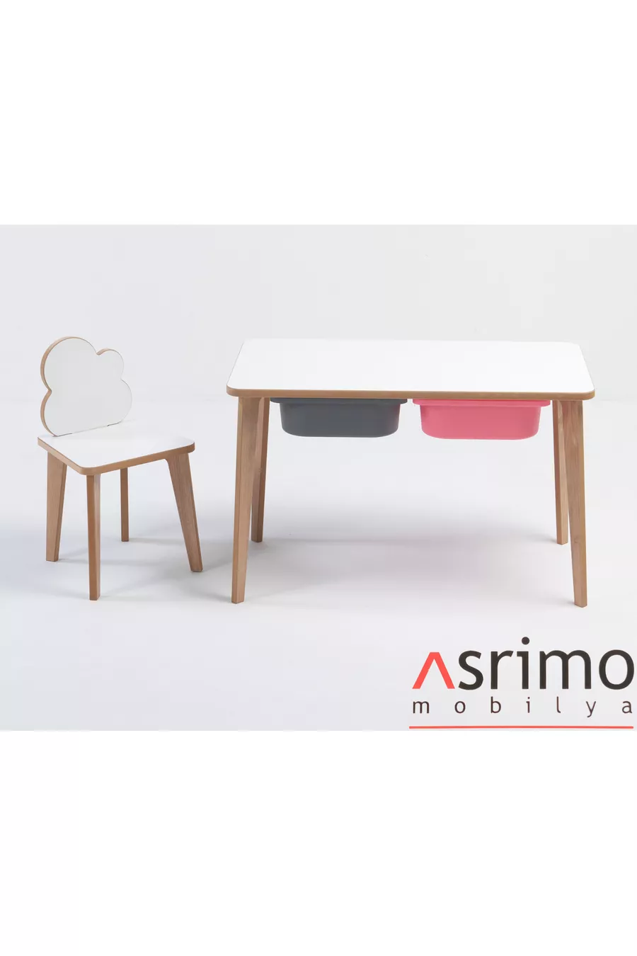 Ensemble Table et Chaises d'Activité pour Enfants en Bois - Motif Nuage, Surface Effaçable à Sec - Avec Tiroir - Rectangulaire