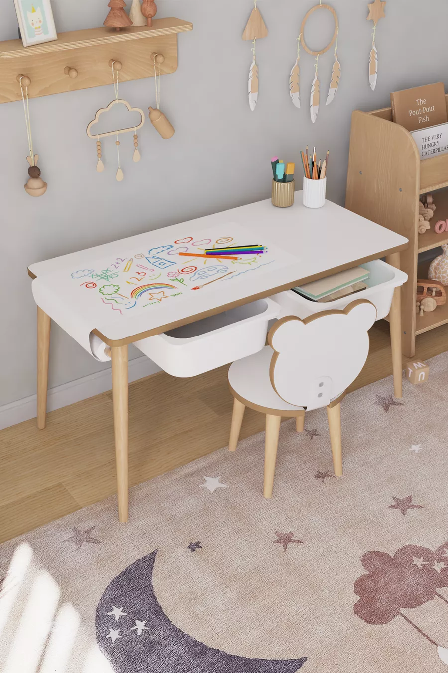 Table d'activité pour enfants avec rouleau de papier à dessin, 1 chaise et tiroir - Panda