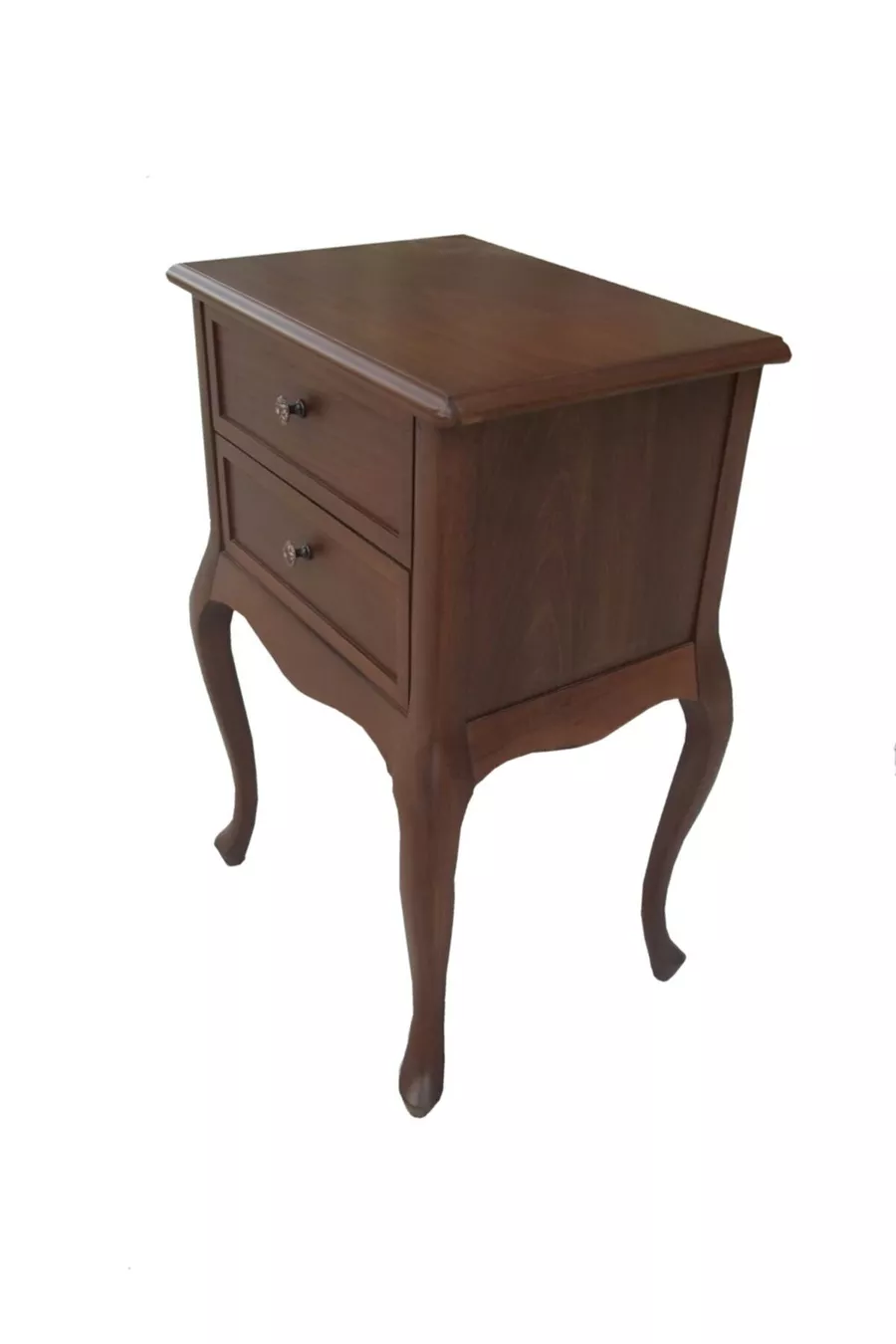 Commode et table de chevet en bois à 2 tiroirs sur pieds en baguette, couleur noyer
