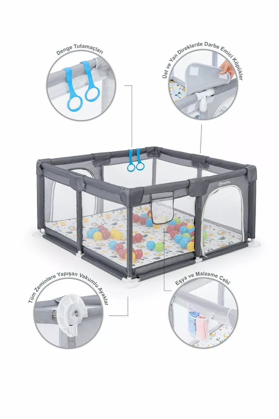 Aire de jeux sécurisée Original Playard Plus pour bébés et enfants, parc de jeux, tapis de jeu et balles, gris